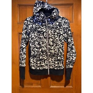 Lululemon Scuba III Full Zip Hoodie Black White Fleur (Floral) Sombre Size 4 EUC